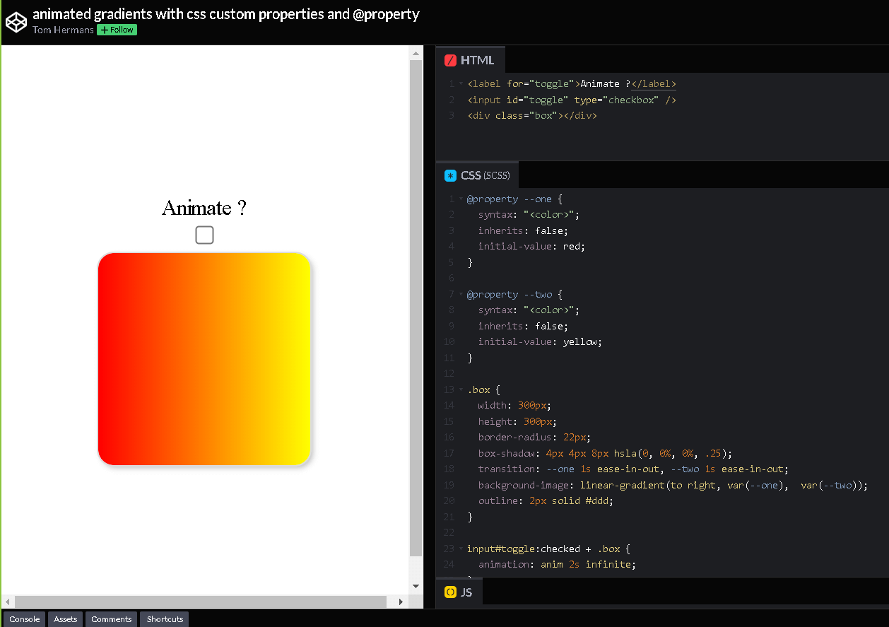 Screen de l'application Codepen. On y voit du code et un carré avec un dégradé de couleur